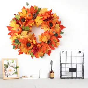 Couronne Action de Grâce Automne Feuille d'Érable Citrouille Tournesol Pour Décoration Porte Murale Saison Récolte Maison