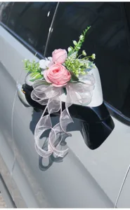 Artificial flower car rearview mirror decoration pink rose ribbon wedding decor details