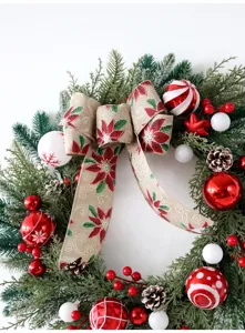 Ghirlanda di Natale con fiocco in juta sfere rosse bianche pigne per porta decorazione
