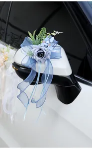 Wedding car rear view mirror flower blue artificial rose bow decoration for wedding party event
