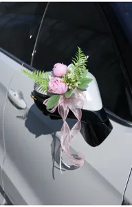 Artificial wedding car rearview mirror flower decoration with pink roses and ribbon bow