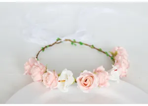 Fairy style floral crown headband with pink roses and white ribbon for women and girls photos.