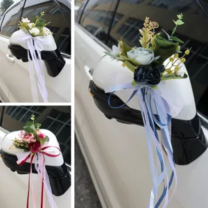 Kunstmatige Roos Bloemen Lint Strik Bruidsauto Achteruitkijkspiegel Deurklink Decor Pastoraal Feest Decoratie