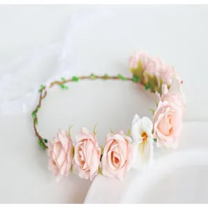Floral crown headband with pink roses and white flowers for women girls party photo props