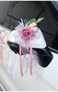 Wedding car rearview mirror flower decoration bow artificial rose floral decor for wedding party.