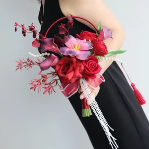 Chinese style wedding bridal hand bouquet artificial flower red rose pearl tassel photo prop