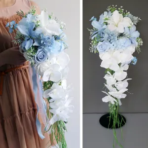Künstliche Hochzeit Braut Wasserfall Strauß Eisblau Weiß Seide Rose Orchidee Kaskade Blume Für Kirche Fotografie Requisiten Dekor