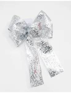 Ornamentoa fiocco glitter argento per albero di Natale, sedia di nozze e confezioni regalo.