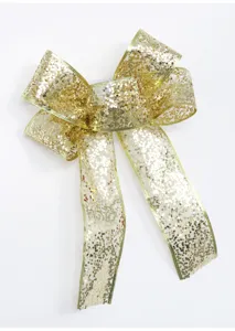 Vista dettagliata del fiocco dorato glitterato, ideale per matrimoni e decorazioni natalizie.