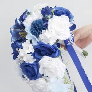Blau-weißer Braut Hochzeit Kaskaden Blumenstrauß künstliche Rose Deko Requisite