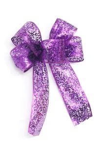 Vista dettagliata del fiocco in rete glitterata viola, ideale per decorazioni e confezioni.