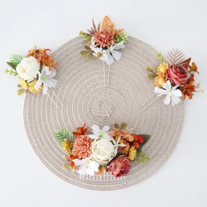 Autumn floral hair accessory set with vintage artificial rose comb and hairpins for bridal.