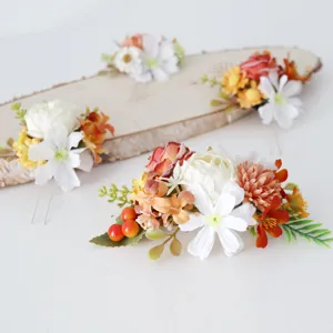Retro autumn artificial flower hair comb hairpin set, forest pastoral style bridal updo headwear.