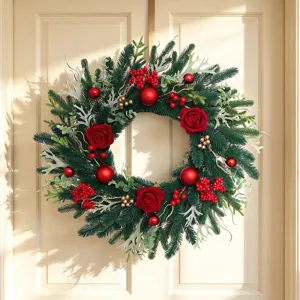 Artificial Christmas Wreath Red Rose Silk Flower Door Hanging Garland Decoration For Front Door Porch Window Xmas Festival Holiday Ornament