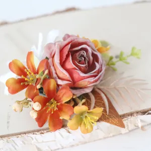Retro autumn floral hair comb faux rose hairpin forest bridal updo hair accessory.