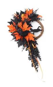Halloween decorative wreath featuring black crow cat and pumpkins for party door hanging setup