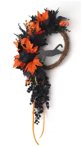 Halloween decorative wreath featuring black orange maple leaves, crow, cat silhouette, and ribbons.