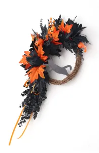 Halloween wreath decoration black cat raven maple leaf hanging pendant party door decor