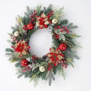 Christmas wreath door hanging artificial pine needles red berries gold balls holiday home decor