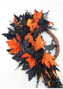 Halloween decorative wreath with black crow, cat, and orange pumpkins for party layout