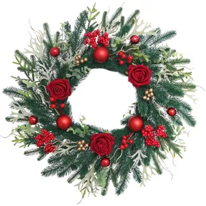 Christmas Wreath Front Door Hanging Artificial Pine Red Roses Berries Holiday Decor