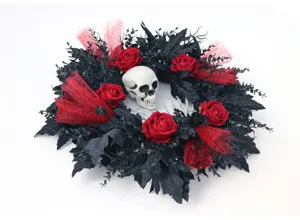 Halloween spooky skull wreath with black leaves and red roses for door wall party decoration