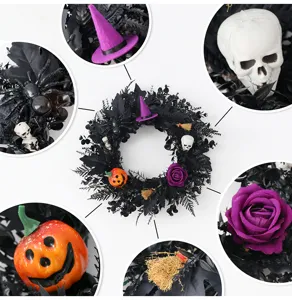 Close-up details van de zwarte Halloween krans metgeveerde schedel enge pompoen.