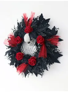 Halloween wreath with black leaves red roses skull and skeleton hands for door wall decor
