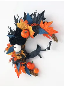 Halloween crescent cat wreath door hanging artificial flower garland home decor party