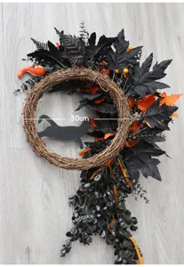 Halloween decorative wreath with black maple leaves and cat silhouette, 30cm size.