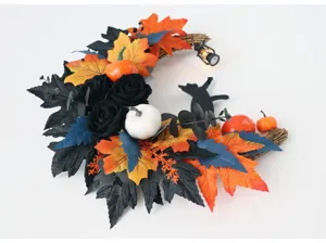 Halloween Crescent Moon Wreath with Black Roses Pumpkins and Cat Silhouette for Door Decor