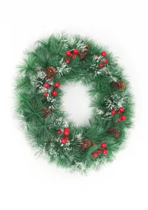 Corona de Navidad artificial con piñas y bayas rojas para decoración de puerta y pared.