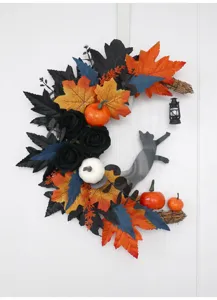 Halloween crescent cat wreath artificial maple leaves black roses door hanging decor.