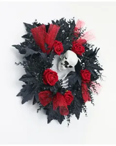 Halloween wreath with black leaves red roses and skull spooky party door wall decoration