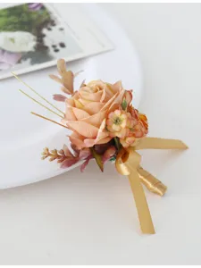 Artificial rose boutonniere wedding groom corsage champagne flower with ribbon detail