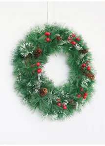 Corona de Navidad artificial con piñas y bayas rojas para bonita decoración de puerta