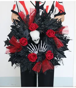 Halloween black wreath with red roses skull skeleton hand spooky party door wall hanging