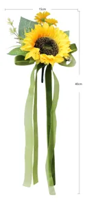 Bouquet de décoration de voiture de mariage tournesol artificiel avec rubans verts, 15x40cm.