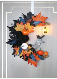 Halloween crescent moon cat wreath door hanging with simulation flowers and mini lantern.