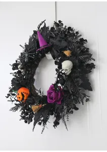 Halloween zwarte bladerkrans met heksenhoed schedel roos pompoen voor feest deur muur hangdecoratie