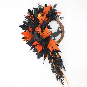 Halloween wreath decoration with black leaves, orange pumpkins, crow and cat for door hanging.
