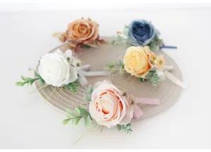 Artificial rose flower corsage wedding groom lapel pin set for party celebration event floral decor