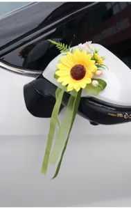 Décoration de rétroviseur de voiture de mariage tournesol artificiel ruban nœud bouquet