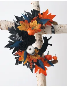 Halloween crescent wreath black roses pumpkins cat artificial flower vine home wall decor