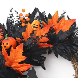 Halloween decorative wreath with black leaves orange maple leaves and mini pumpkins for party