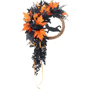 Halloween wreath decoration with black and orange maple leaves, crow, cat silhouette, spooky door hanging for party and home decor.