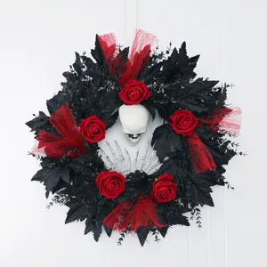 Halloween Wreath Horror Ghost Festival Party Scene Decoration Silk Flower Rose Skull Bone Hand Door Wall Hanging Rattan Hoop Wreath