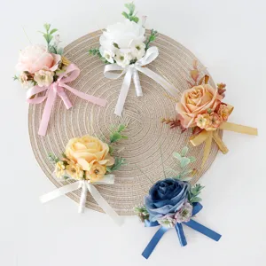 Elegant Silk Flower Wedding Boutonniere With Satin Ribbon Artificial Rose Brooch Pin For Groom Bride Handmde Ceremony Party Accessories