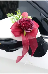 Wedding car rearview mirror decorative flower simulation burgundy rose bowknot floral detail.