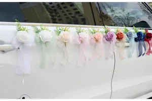 Wedding car door handle artificial flower decoration with bow ribbon, multi-color floral set.